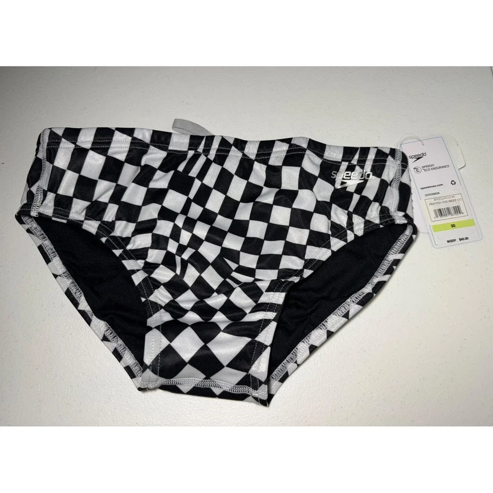 Speedo Mens Eco Endurance Swim Brief Black White Checkered Vibe Size 30 NWT